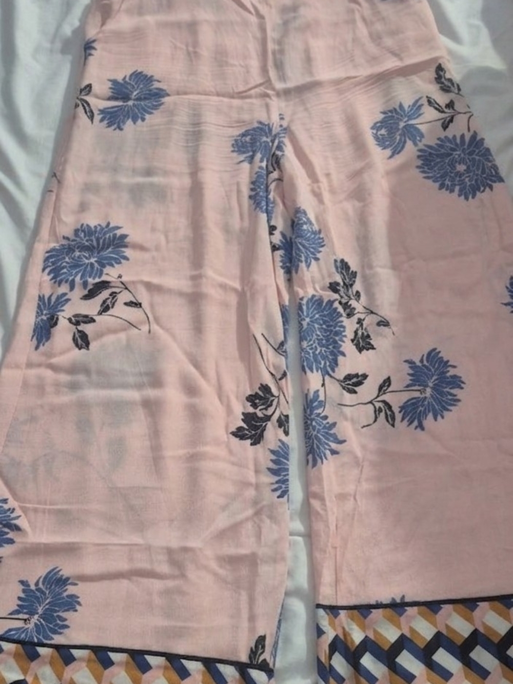 Forever 21 Pink Wide-Leg Floral Pants with Blue Blooms